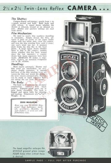 Zeiss Ikon Ikoflex III Twin-Lens Reflex – Carl Zeiss, Inc. Leaflet CAM 199, 1939 – sample page 3 (watermarked preview)