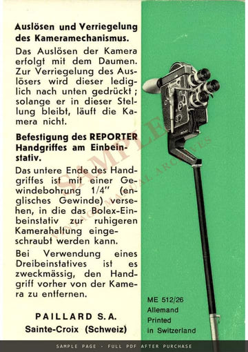 Bolex Reporter Handgriff – Gebrauchsanweisung, German – sample page 3 (watermarked preview)