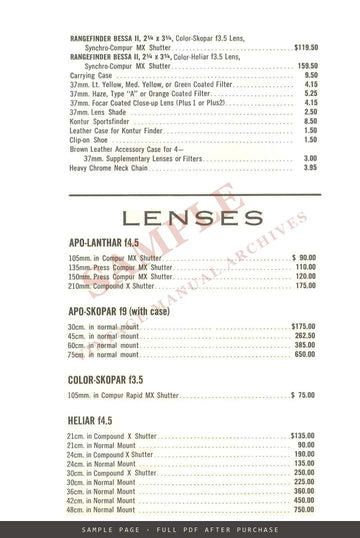 Voigtländer Cameras, Lenses & Accessories – US Price List, November 1954 – sample page 3 (watermarked preview)
