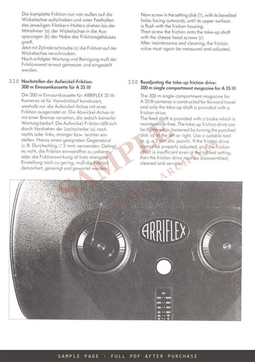 ARRI Techn-Information: Adjustment of Arriflex Magazine Friction Drives, German & English – sample page 3 (watermarked preview)