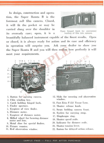 Zeiss Ikon Super Ikonta B 2¼ x 2¼ – Carl Zeiss, Inc. Leaflet CAM 69, 1937 – sample page 3 (watermarked preview)