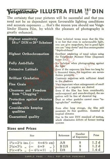 Voigtländer Illustra Film 18/10° DIN – Exposure Calculator and Data Sheet, May 1935 – sample page 3 (watermarked preview)