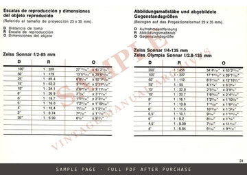 Contarex Tables (Tabellen, Tableaux, Tablas) – Depth of Field, Feet Edition – sample page 3 (watermarked preview)