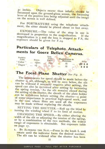 The Goerz Folding Reflex Camera – Directions for Use, C. P. Goerz Optical Works, London – sample page 3 (watermarked preview)