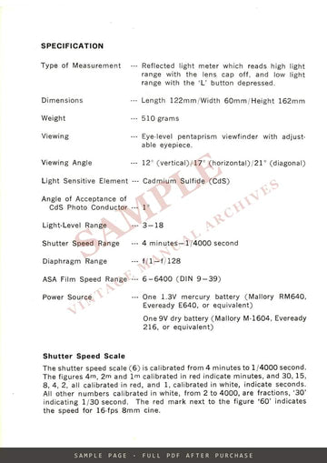 Asahi Pentax Spot Exposure Meter Model II – Instruction Manual, English – sample page 3 (watermarked preview)