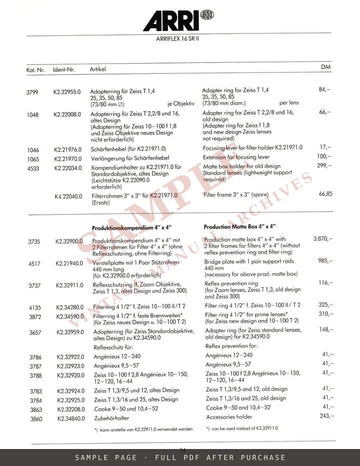 Arriflex 16 SR II – Preisliste / Price List (German & English) – sample page 3 (watermarked preview)