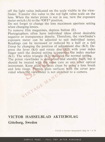 Hasselblad Prism Viewfinder with Built-in Light Meter – Instructions, 1972 – sample page 3 (watermarked preview)