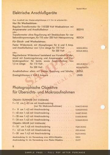 Leitz – Ausrüstungen der photographischen Einrichtung MA IV b (9×12 cm), German Equipment List – sample page 3 (watermarked preview)