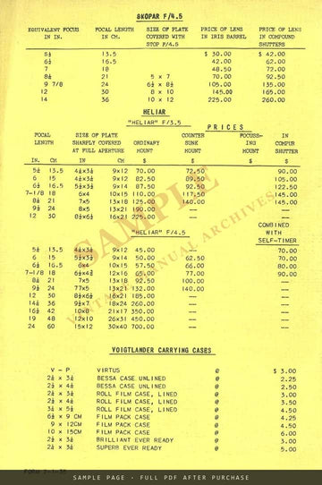 Voigtländer Price List, August 1935 – US Dollar Prices – sample page 4 (watermarked preview)