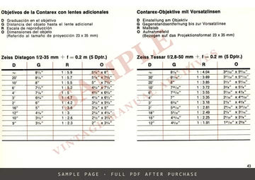 Contarex Tables (Tabellen, Tableaux, Tablas) – Depth of Field, Feet Edition – sample page 4 (watermarked preview)