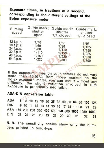 Bolex Exposure Meter – Instructions for Use, English – sample page 4 (watermarked preview)