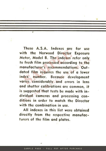 ASA Indexes for Use with the Norwood Director Exposure Meter, American Bolex, 1948 – sample page 4 (watermarked preview)
