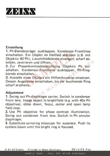 Carl Zeiss Ph-Diaphragm Carrier – Operating Instructions, Multilingual – sample page 4 (watermarked preview)