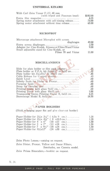 Zeiss Ikon Cameras – Price List No. 27, in Effect September 15, 1936 – sample page 4 (watermarked preview)