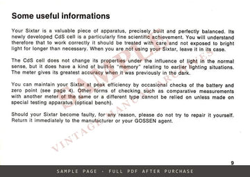 Gossen Sixtar Exposure Meter – Operating Instructions, English – sample page 4 (watermarked preview)