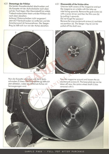 ARRI Techn-Information: Adjustment of Arriflex Magazine Friction Drives, German & English – sample page 4 (watermarked preview)