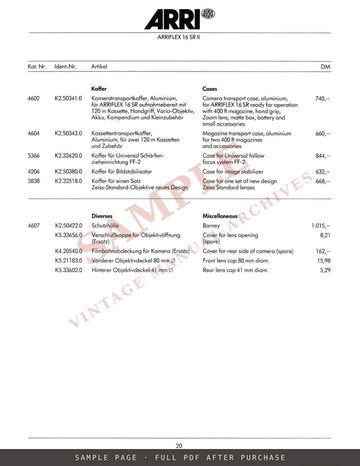 Arriflex 16 SR II – Preisliste / Price List (German & English) – sample page 4 (watermarked preview)